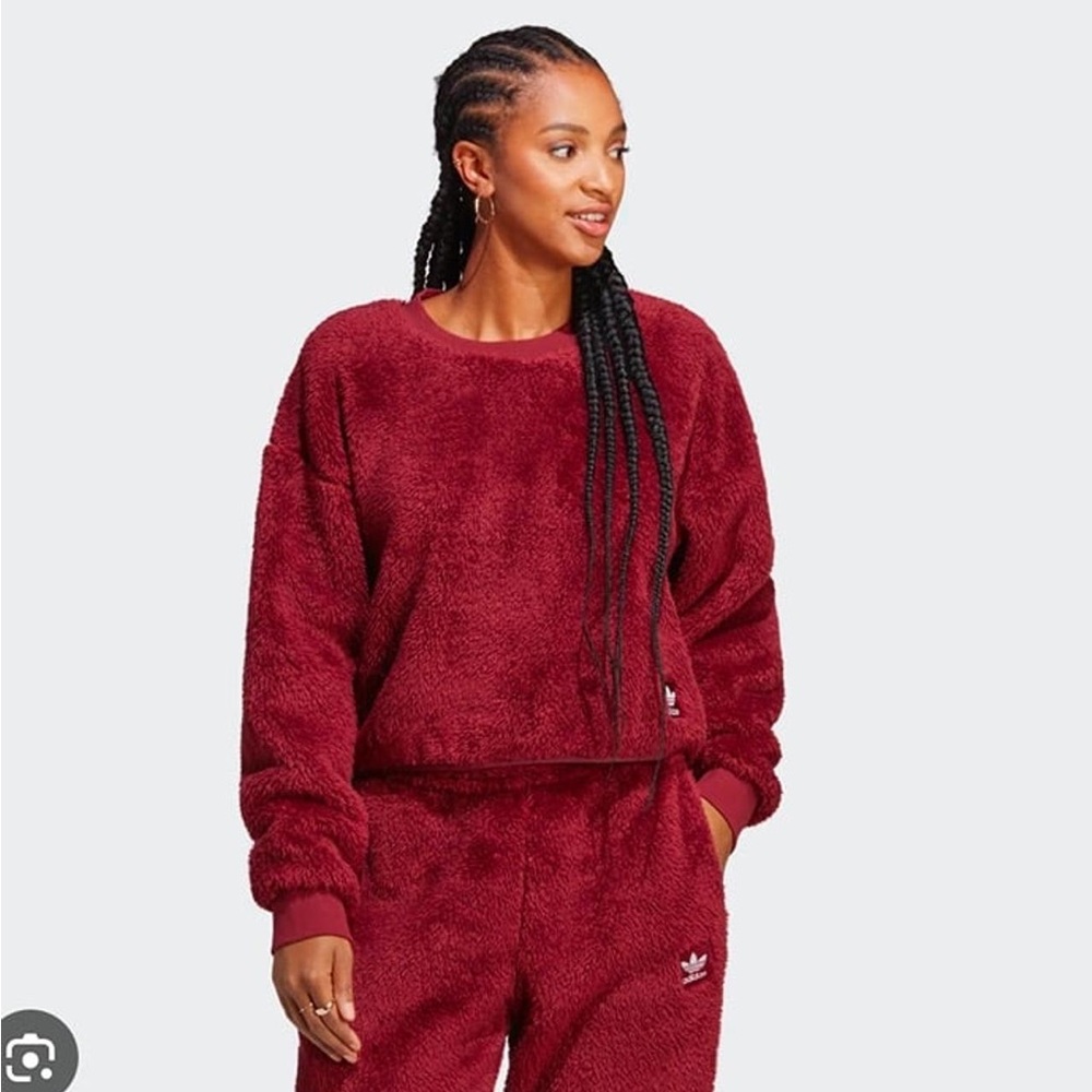NWT Adidas Burgundy Teddy Fleece Matching Set Crewneck Sweatpants Women’s XL
